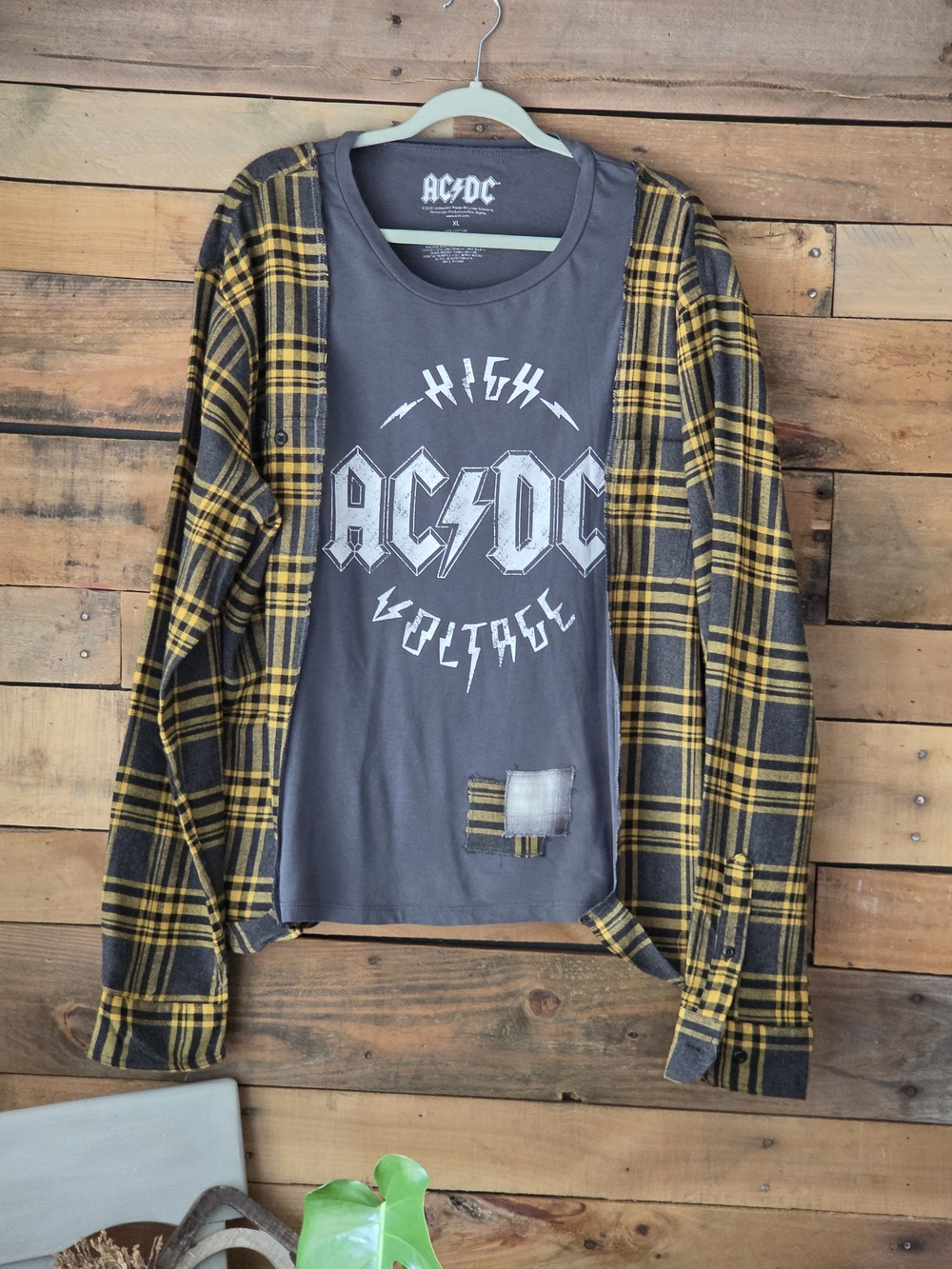 Upcycled AC/DC  High Voltage Grey Graphic Tee with Yellow Plaid Sleeves. - Picture 4 of 12
